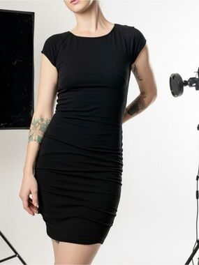Velvet Torch Black Cap-Sleeve Bodycon Mini Dress